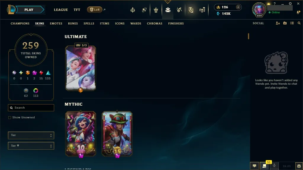 [NA]  ALL Champions  259 Skins  Level 499 ⭐ 142740 BE  126 RP   Fast Delivery | League of Legends Account