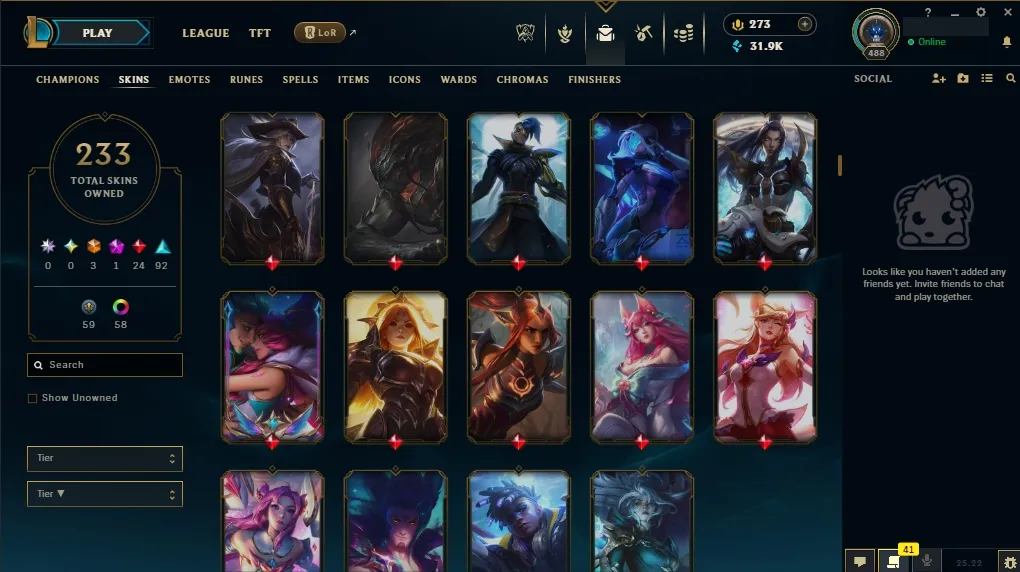 EUW💎 All Champs ✅  Level 488  🎨 233 Skins 💙 21K BE | 💎 273 RP | 🧙‍♂️ 49 Wards | 🌈 58 Chromas | 🔐 Full Access 🔥