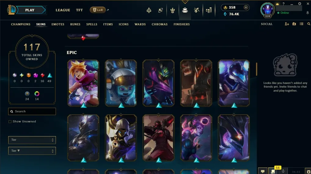 [EUW]  ALL Champions  117 Skins  Level 239  76417 BE  358 RP   Delivery in Minutes | Ranked LoL Account