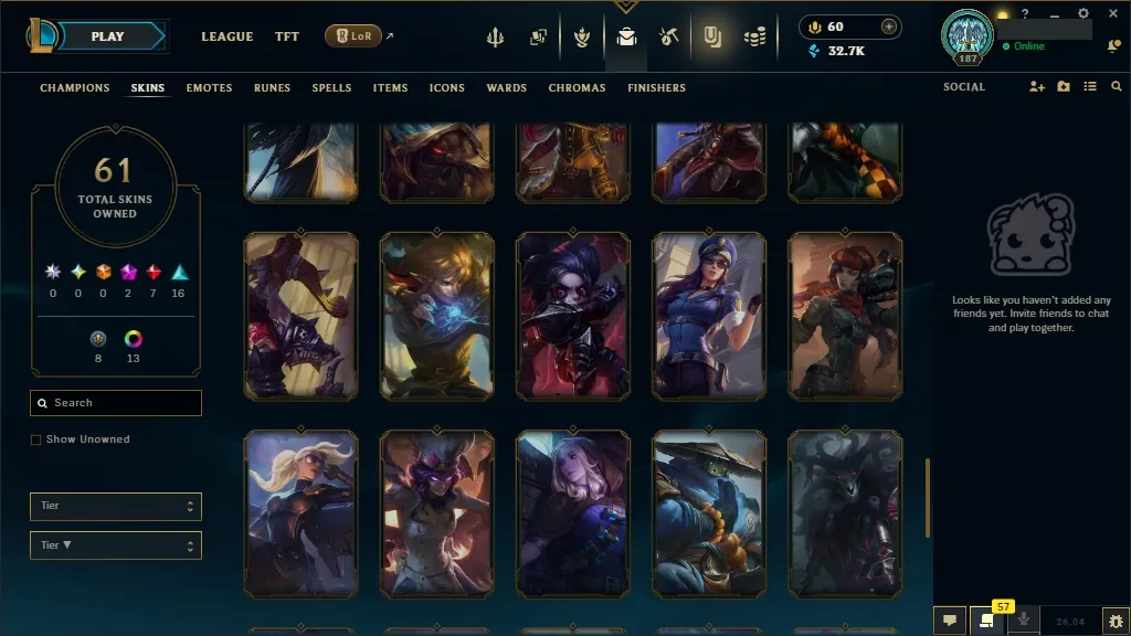 [EUW] ☑️ ALL Champions ⚔️ 61 Skins ✨ Level 187  32711 BE  60 RP   Fast Delivery | Ranked LoL Account