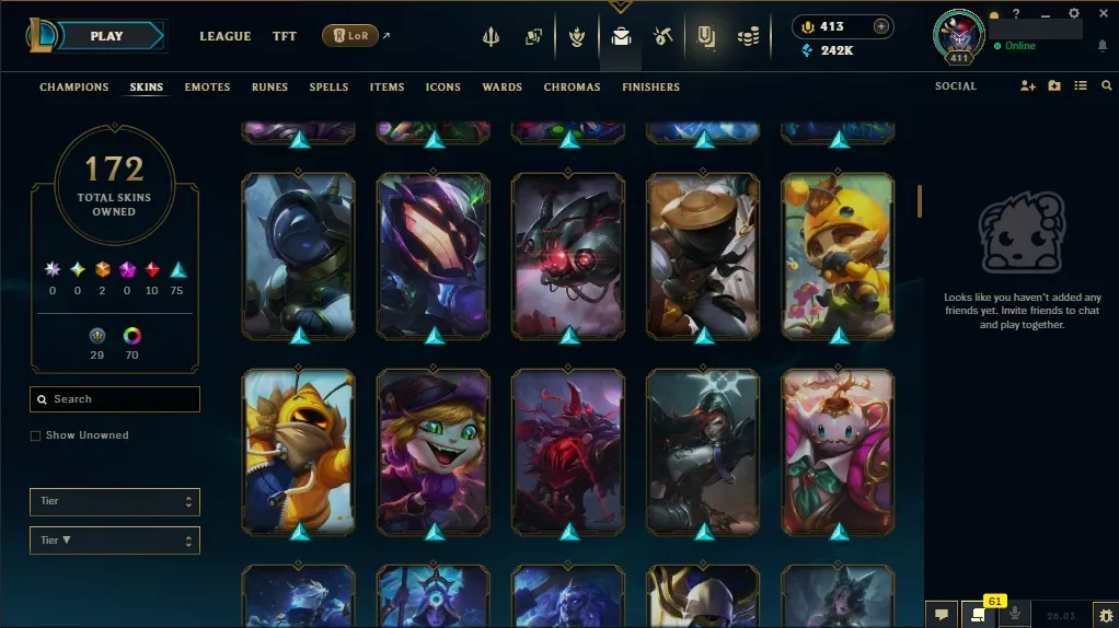 [EUW]  ALL Champions ️ 172 Skins  Level 411  242095 BE  413 RP   Fast Delivery | LoL Account for Sale
