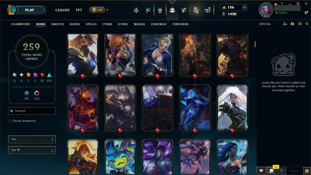 [NA]  ALL Champions  259 Skins  Level 499 ⭐ 142740 BE  126 RP   Fast Delivery | League of Legends Account
