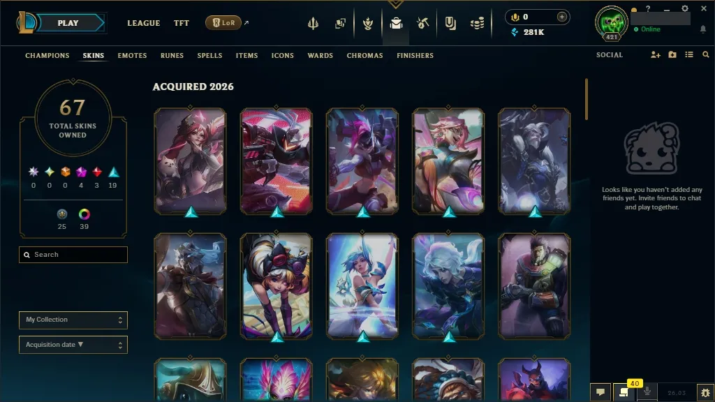 [NA] 欄 ALL Champions 易 67 Skins ✨ Level 421 ️ 281554 BE   Delivery in Minutes | League Account with Skins