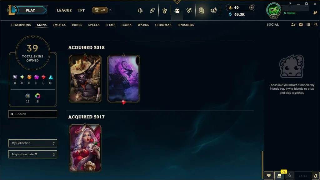 [EUW]  ALL Champions ️ 39 Skins  Level 347  63313 BE  40 RP   Delivery in Minutes | LoL Account for Sale