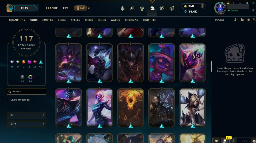[EUW]  ALL Champions  117 Skins  Level 239  76417 BE  358 RP   Delivery in Minutes | Ranked LoL Account
