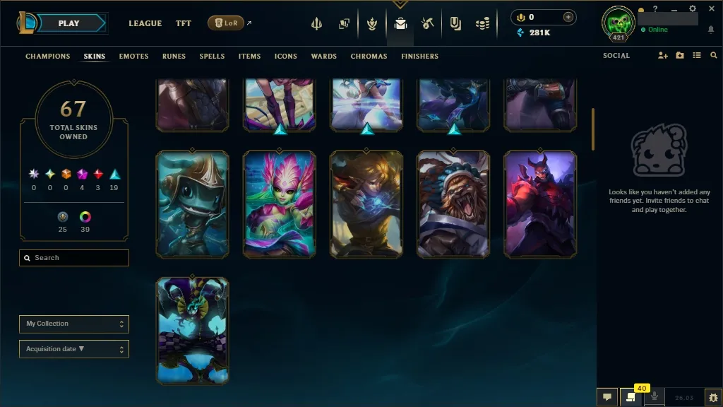 [NA] 欄 ALL Champions 易 67 Skins ✨ Level 421 ️ 281554 BE   Delivery in Minutes | League Account with Skins