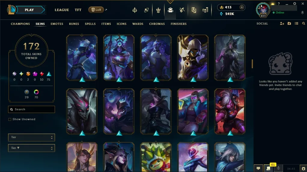 [EUW]  ALL Champions ️ 172 Skins  Level 411  242095 BE  413 RP   Fast Delivery | LoL Account for Sale