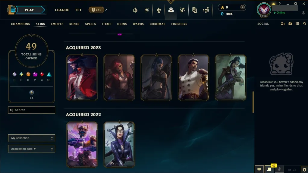 [EUW] ⭐ Insane Loot ✅ ALL Champions 👑 49 Skins 🙌 Level 314 ⭐ 40008 BE 🔷 ⚡ Instant Delivery | League of Legends Account