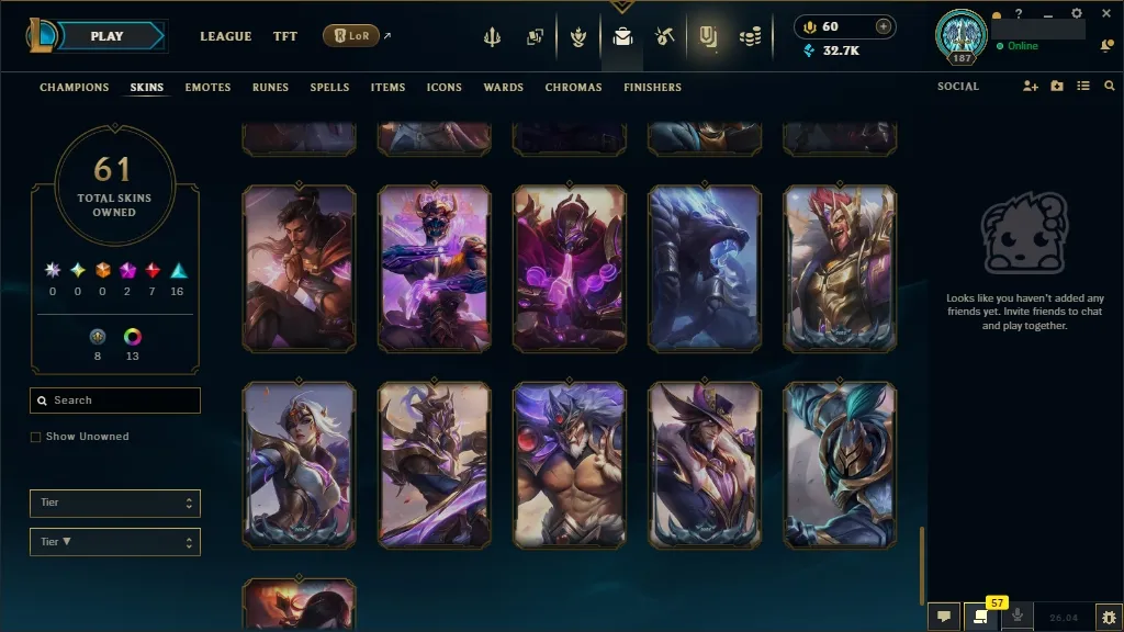 [EUW] ☑️ ALL Champions ⚔️ 61 Skins ✨ Level 187  32711 BE  60 RP   Fast Delivery | Ranked LoL Account