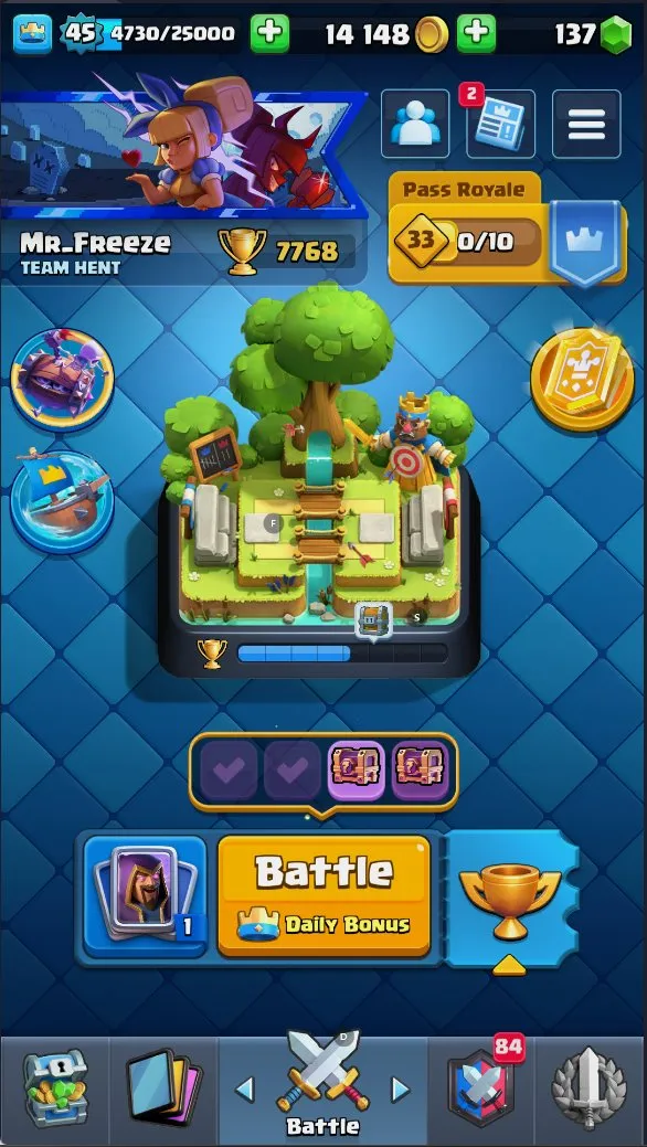 CR612 DL5 KT14 lvl 45 max 1 card 14 lvl 4 cards 8 evolutions 7768 trophies 34 emotes 6 tower skins 137 gems 14k gold