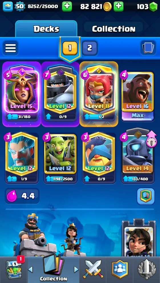 CR717 Level 50 deck with Hog Rider 1 level 16 1 level 15 5 evolutions 8.3k trophies Arena 21 82k gold 100 gems 27 emotes 117 cards 19 legendaries