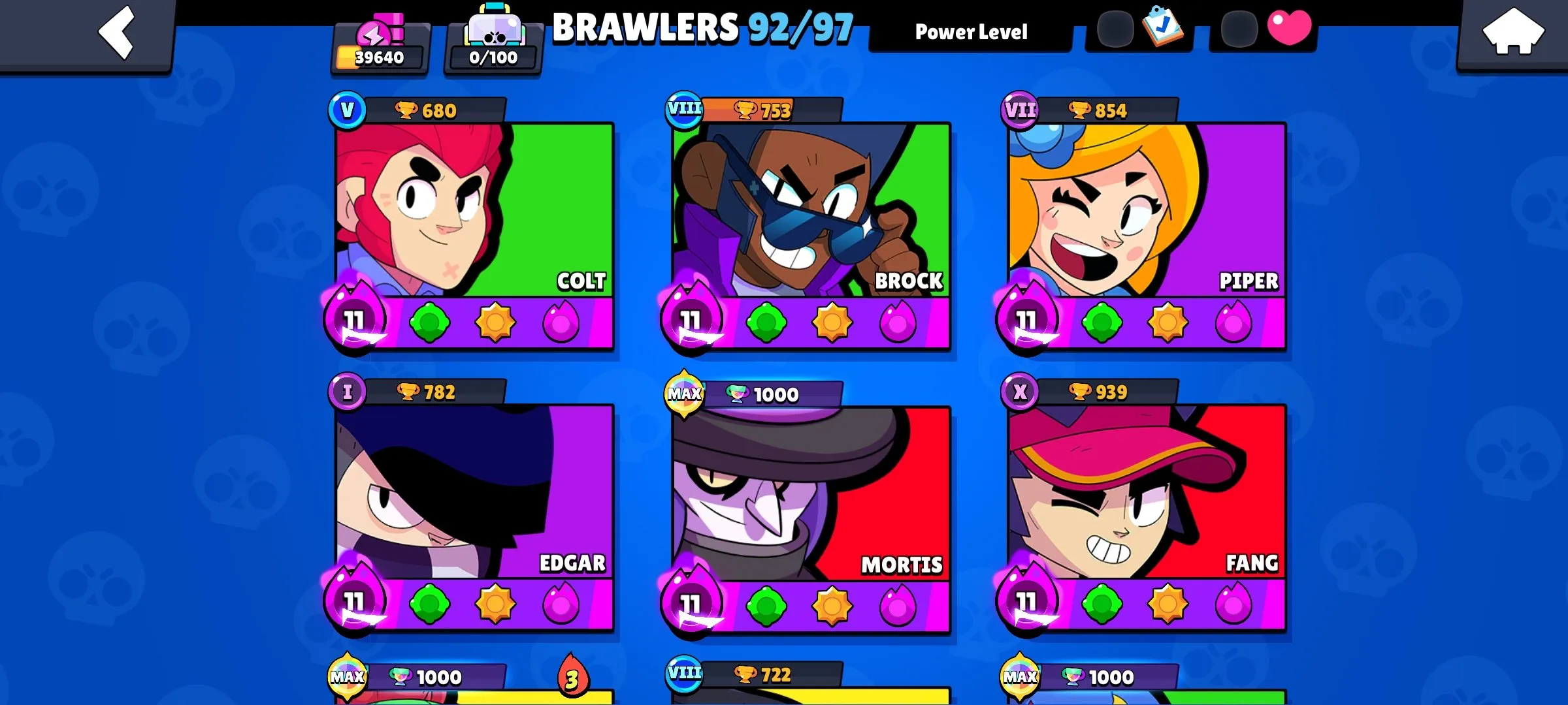 BS1928 39640 trophies 92/97 brawlers 174 skins 13 hypercharge level 11 brawlers 