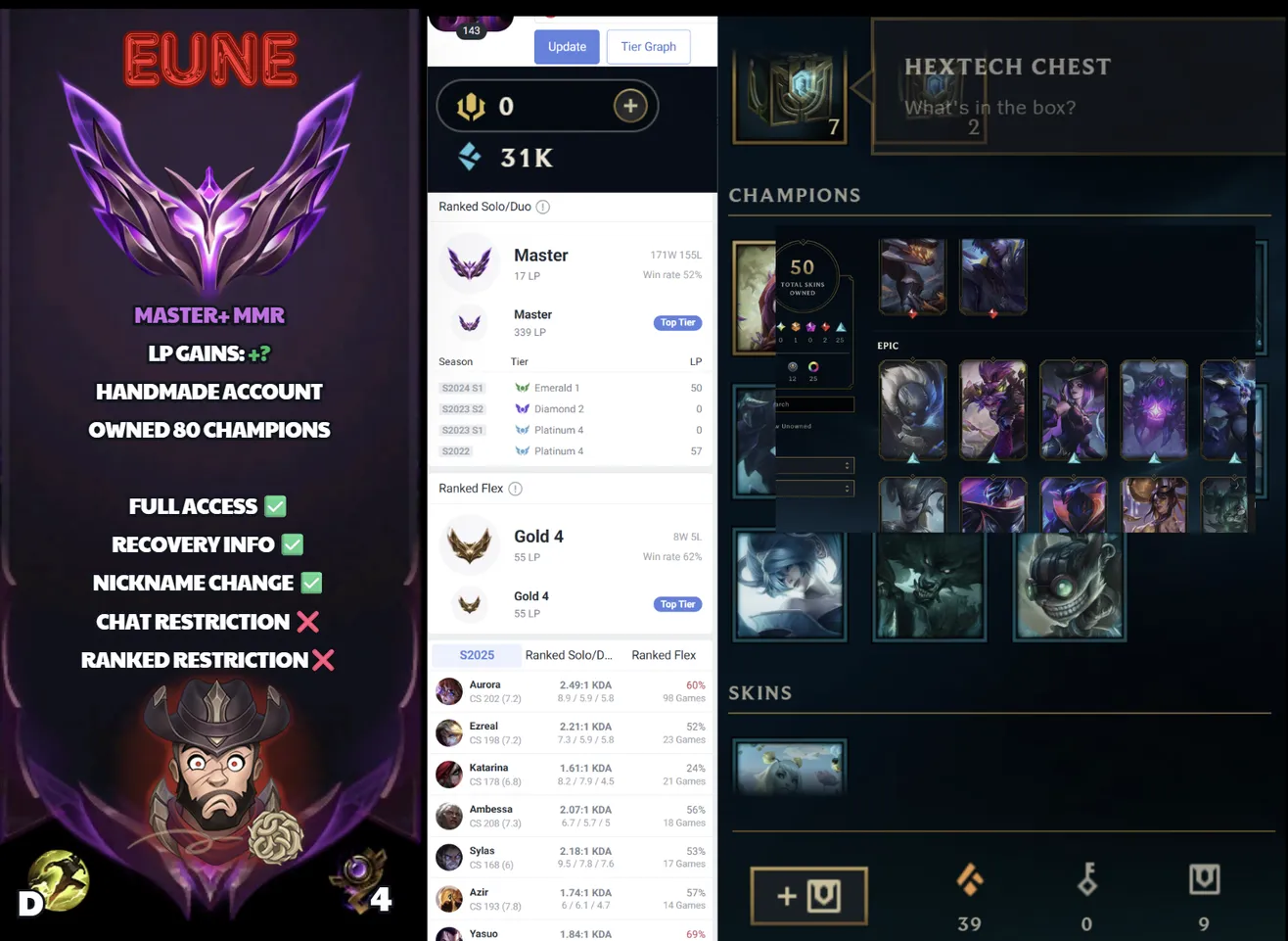 🌍 EUNE 🔒 Handlevel ⚡ Master I (17 LP)✨ 50 Skins 🔥 99 Champions ♾️ Lifetime Ownership 📧 Full Email Access ✅ Full Ownership Transfer #SBL-YA9