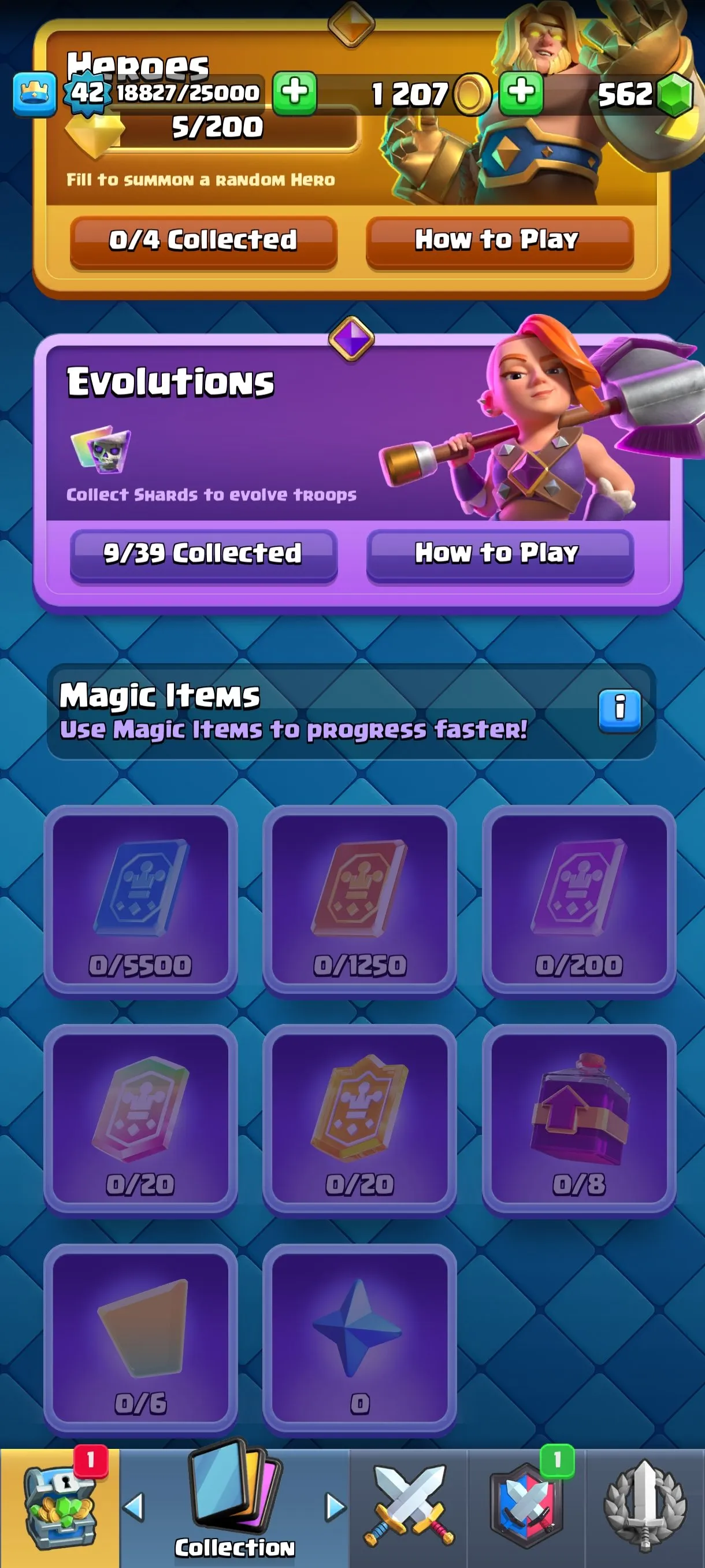 CR679 7530 cups 9 Evolutions 121 cards 562 gems King 42 Arena 20 53 emotes 2 tower skins rich badges collection