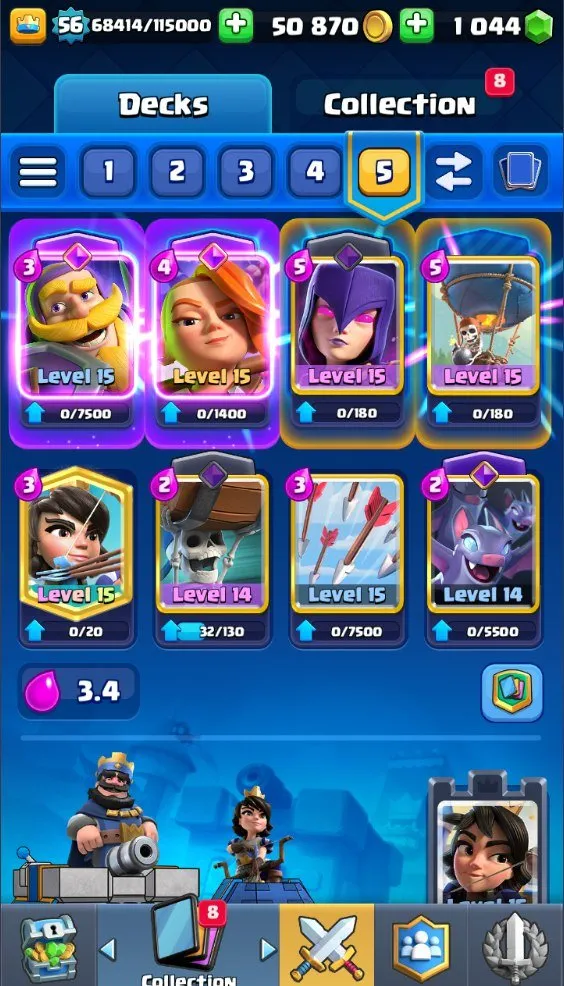 CR715 Level 56 deck with Balloon 9 level 15 23 level 14 10 evolutions 10k trophies Arena 24 50k gold 1k gems 81 emotes all 121 cards unlocked