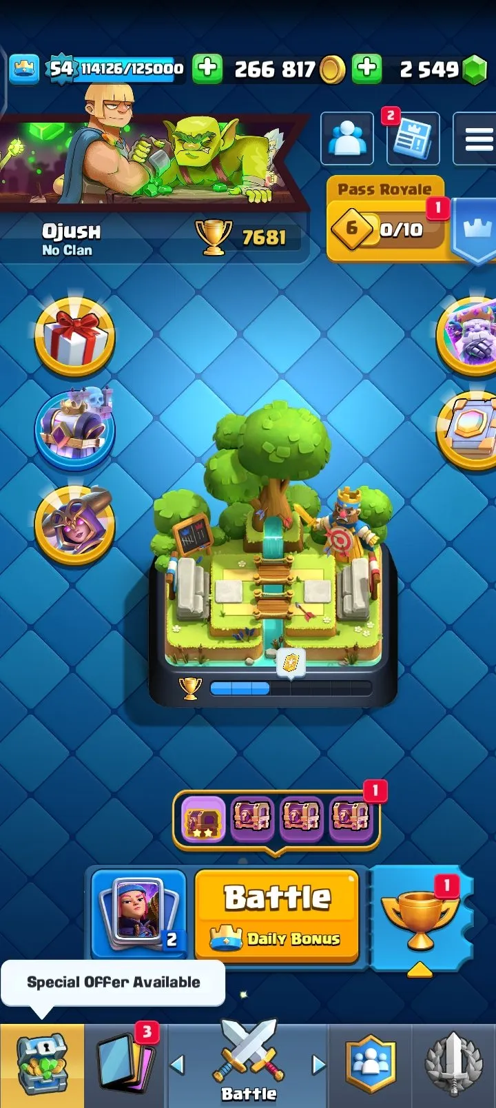 CR548 KT 15 LVL 54 4 Evolutions 6 Elite 36 Max Cards 118/121 Cards 2549 Gems 266k Gold 7680 Trophies Arena 23 Name Change