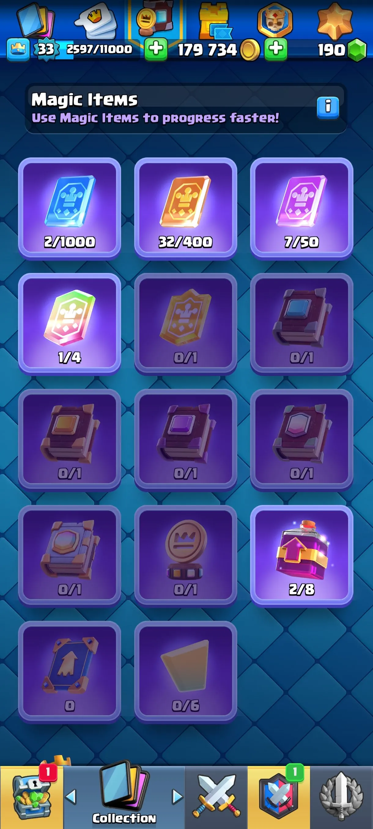 CR675 6105 cups 0 Evolutions 109 cards 190 gems 179734 gold King 33 Arena 17 29 emotes 1 tower rich badges