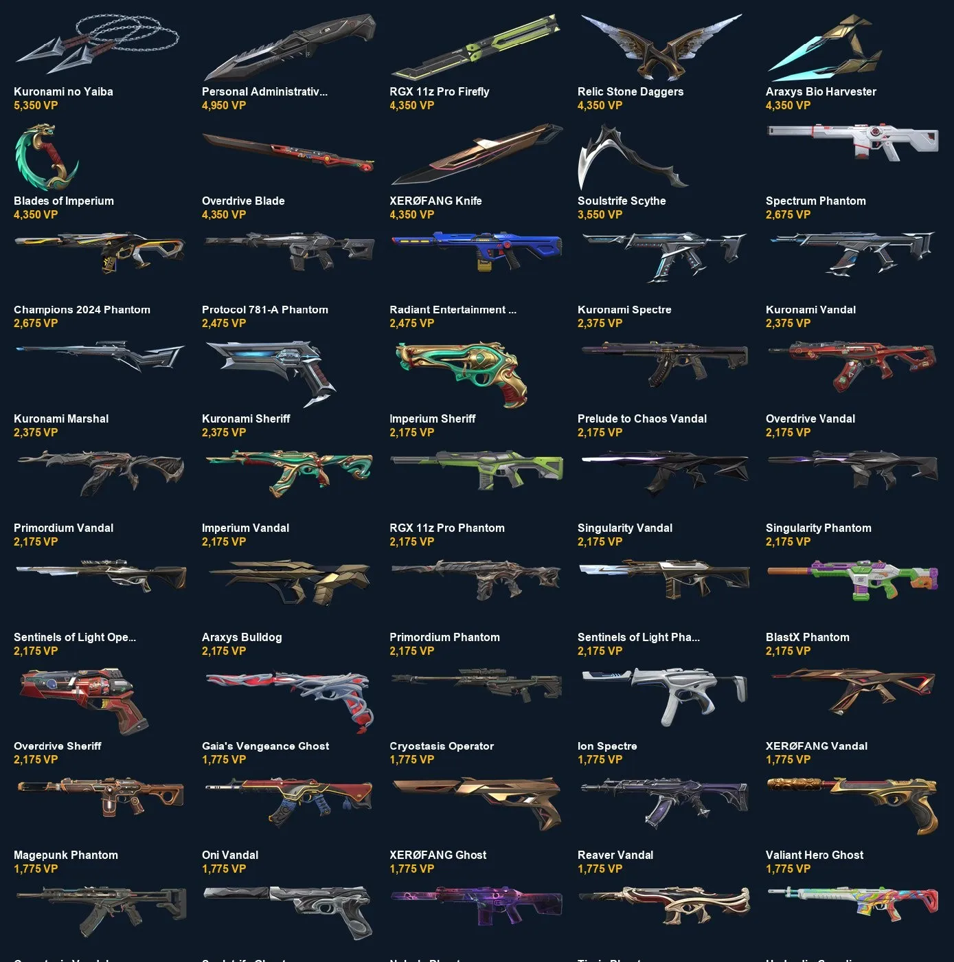 V106 //Kuronami no Yaiba, Singularity Vandal, Arcane Vandal, Xerofang Knife, RGX 11z Pro Firefly, Champions 2024 Phantom, Overdrive Blade, Primordium Vandal, Relic Stone Daggers, Araxys Bio Harvester, Personal Administrative Melee Unit