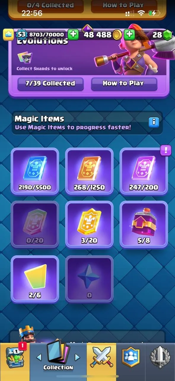 CR628 8.5K Trophies L53 Arena 22 120 Cards 20 Legendaries Valkyrie Deck 1 L16 1 L15 Card 7 Evolutions 49 Emotes 28 Gems 48K Gold