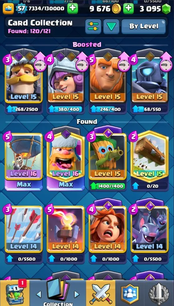 CR545 10k trophies lvl 57, 120 cards 19 legendary, lumberjack deck, 2 lvl 16 2 lvl 15, 3k gems, 85 emotes