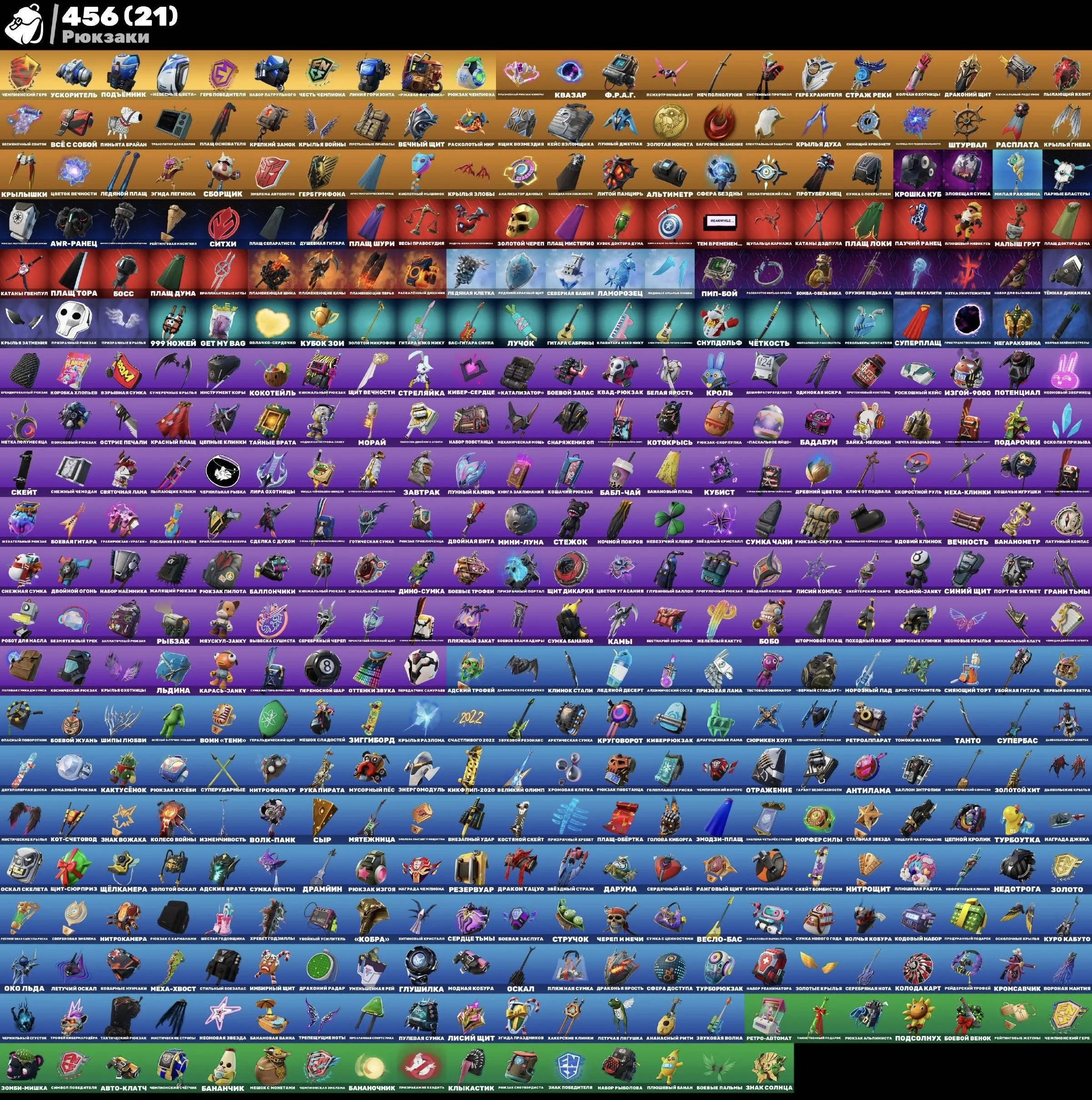 F831 427 Skins, 262 Gliders, 360 Pickaxes, 456 Backpacks, 344 Emotes, 6,000 PR