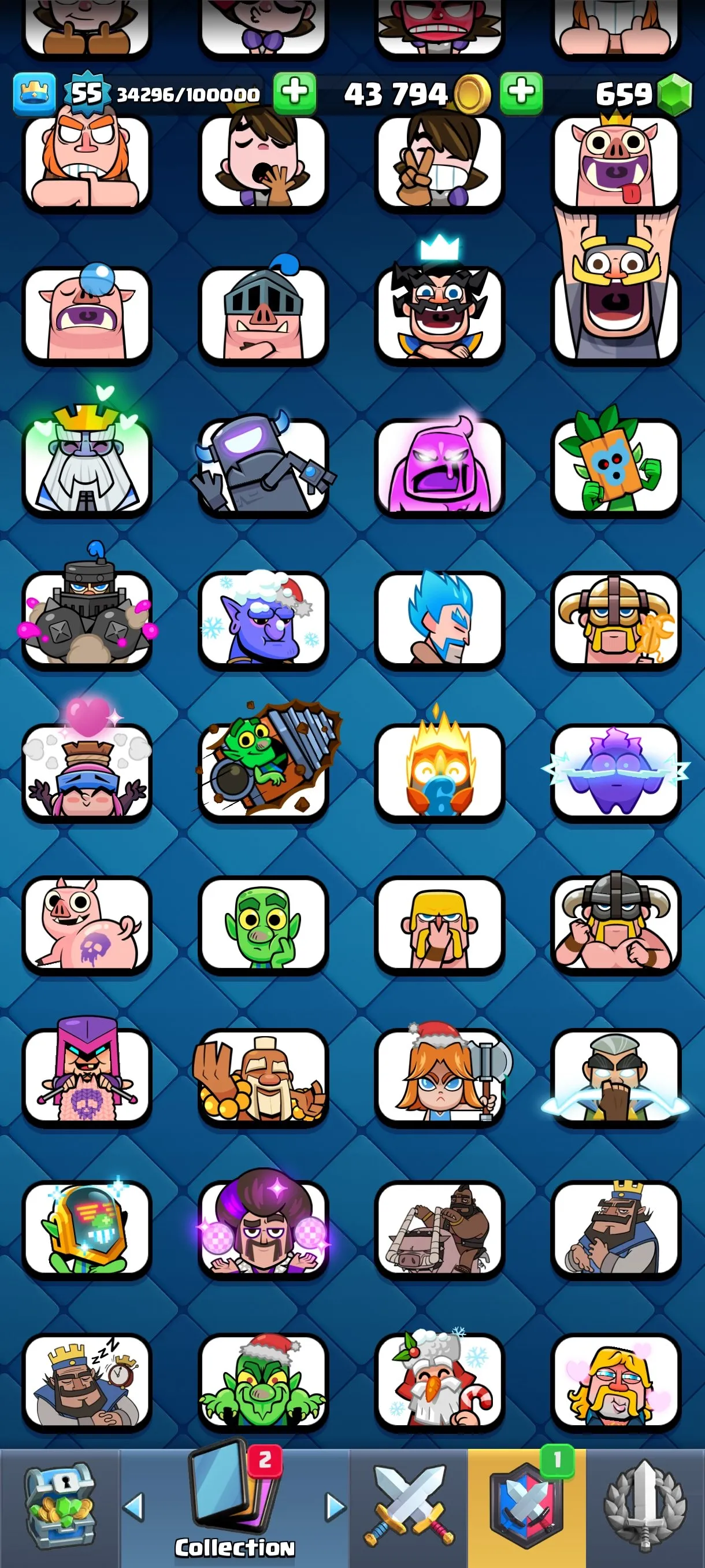 CR681 10000 cups 10 Evolutions 121 cards 659 gems 43794 gold King 55 Arena 25 69 emotes 9 tower skins max balloon mega knight