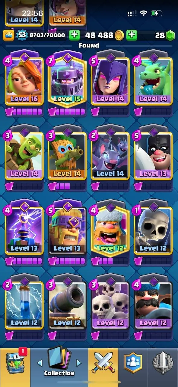 CR628 8.5K Trophies L53 Arena 22 120 Cards 20 Legendaries Valkyrie Deck 1 L16 1 L15 Card 7 Evolutions 49 Emotes 28 Gems 48K Gold