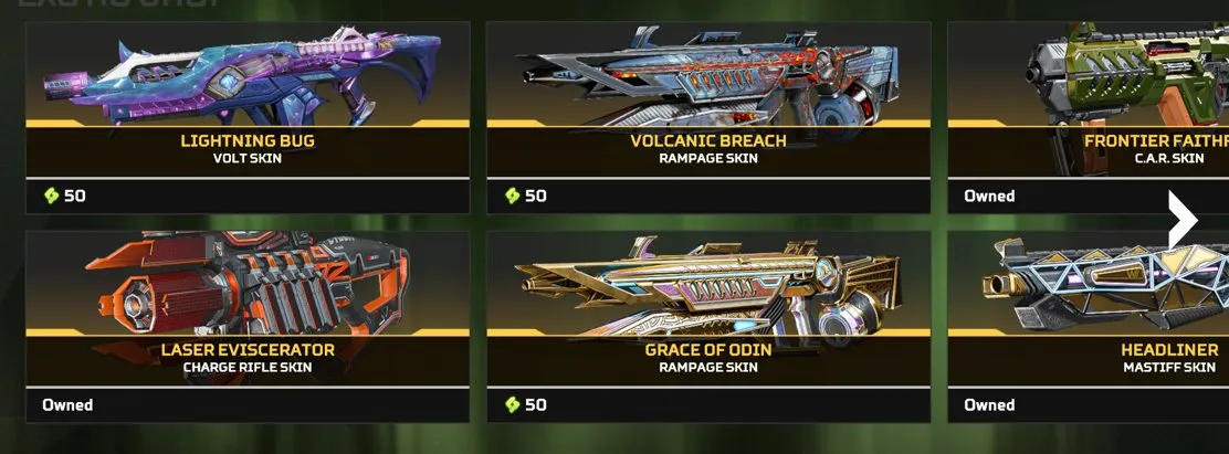 AP652 Lightning Bug Volt + Volcanic Breach and Grace of Odin Rampage + Frontier Faith C.A.R + Laser Eviscerator Charge Rifle + Headliner Mastiff | 78 Legendary Items | BP S15 S16 S17 S18 | 2910 Crafting Metals 11200 Legend Tokens 1600 Apex Coins