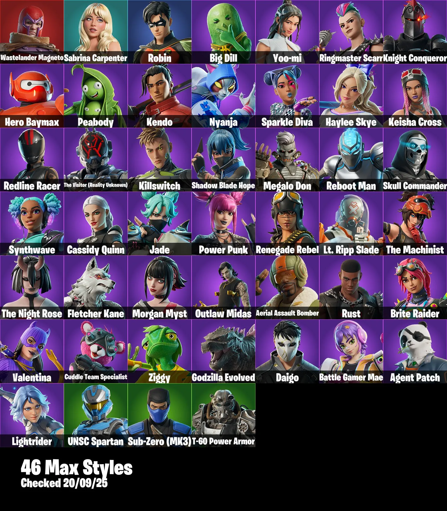 F1202 88 Skins (Fishstick, Neko Hatsune, Shadow Vox, Showboat, Slammin' Bass, Wastelander Magneto, Robin, Sabrina Carpenter, Knight Conqueror, Hero Baymax, Peabody, and More)