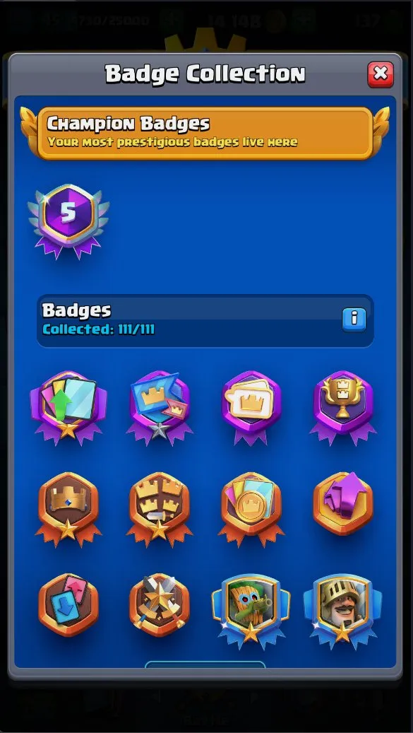CR612 DL5 KT14 lvl 45 max 1 card 14 lvl 4 cards 8 evolutions 7768 trophies 34 emotes 6 tower skins 137 gems 14k gold