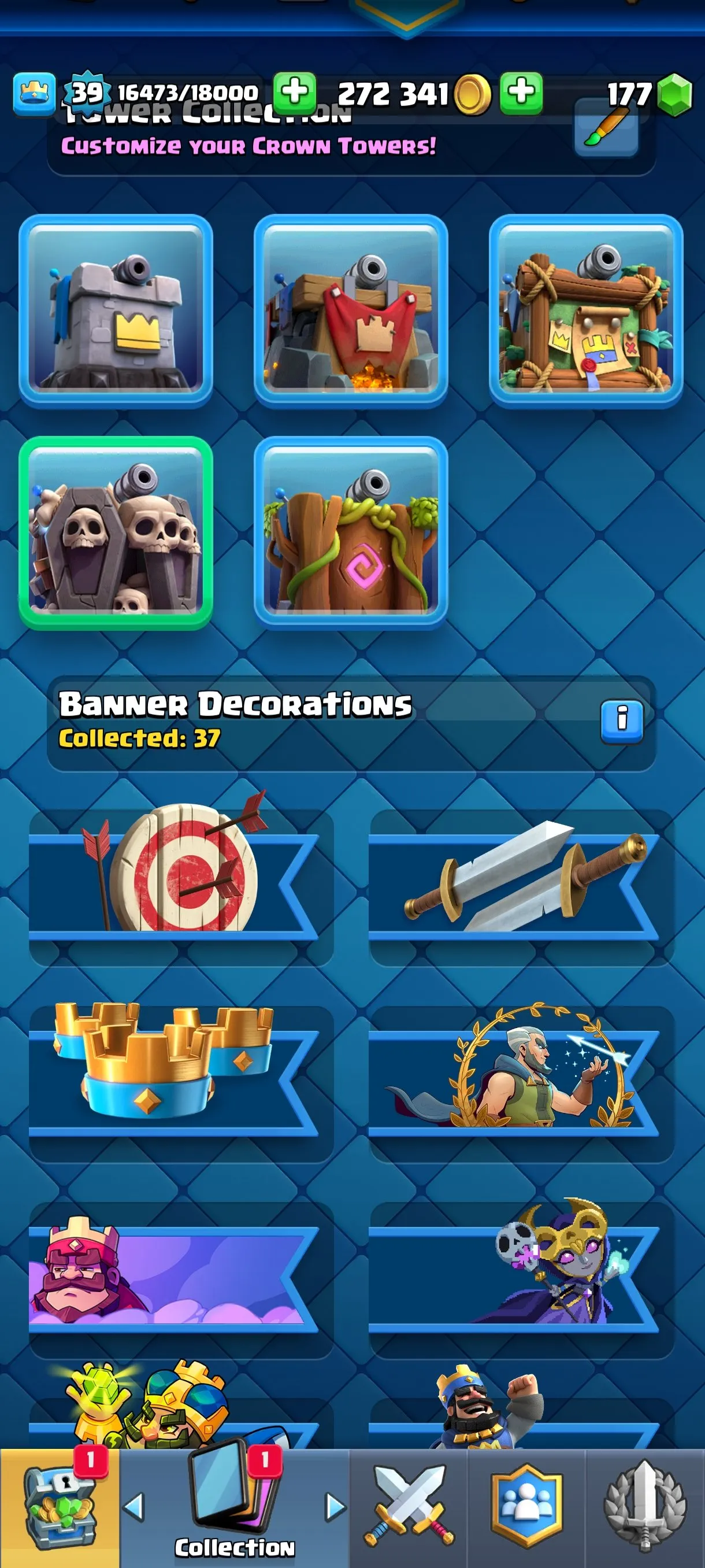 CR680 7293 cups 9 Evolutions 118 cards 177 gems 272341 gold King 39 Arena 19 35 emotes 4 tower skins rich deck