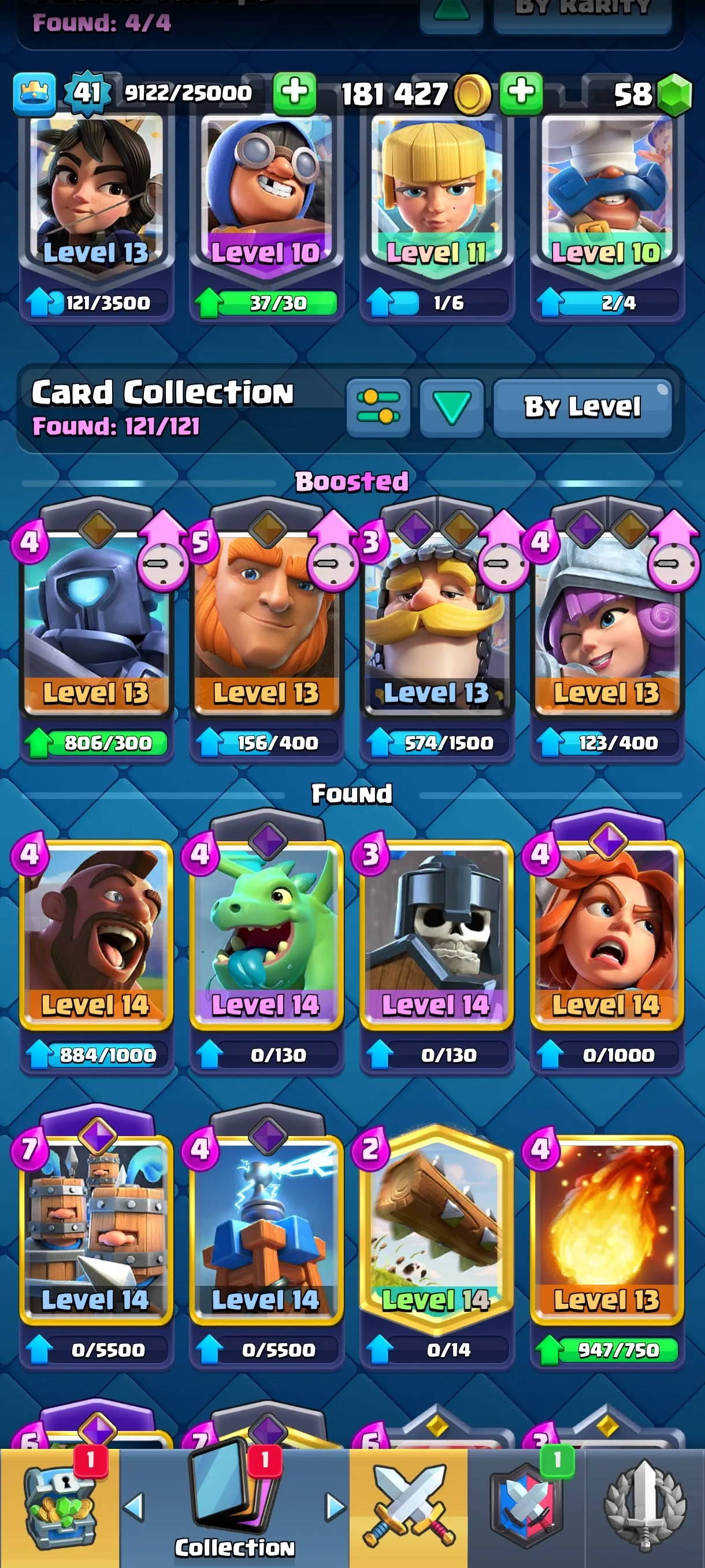 CR677 9244 cups 4 Evolutions 121 cards 58 gems 181427 gold King 41 Arena 23 36 emotes 5 tower skins rich deck
