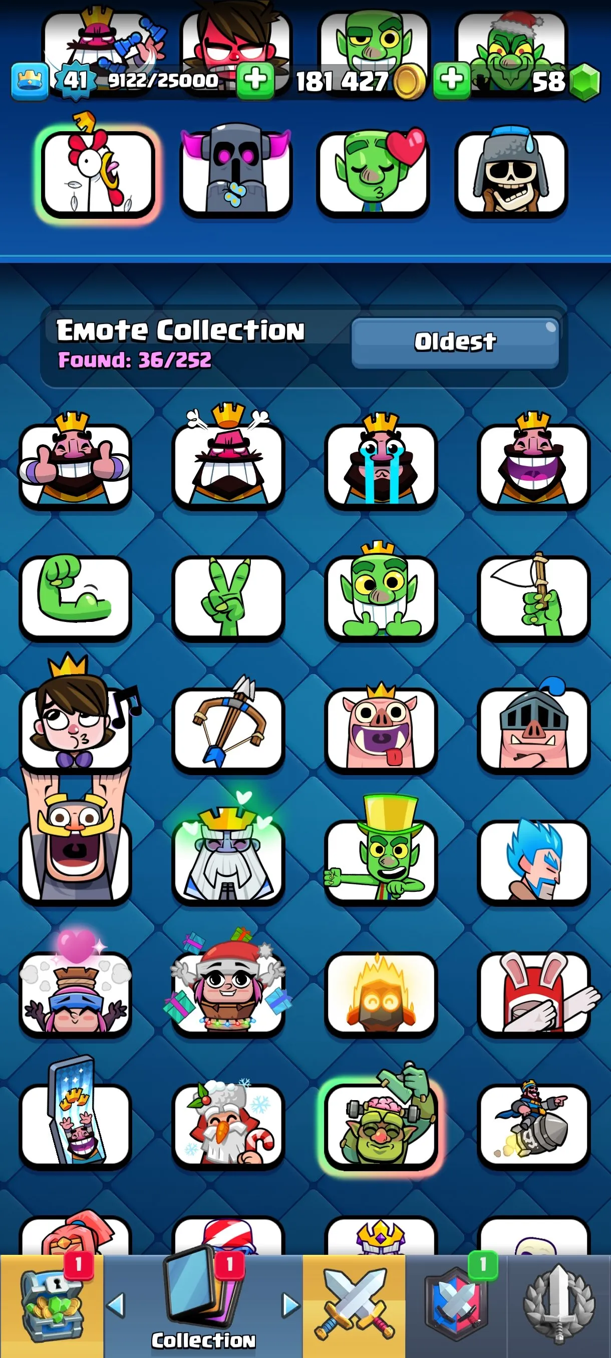 CR677 9244 cups 4 Evolutions 121 cards 58 gems 181427 gold King 41 Arena 23 36 emotes 5 tower skins rich deck
