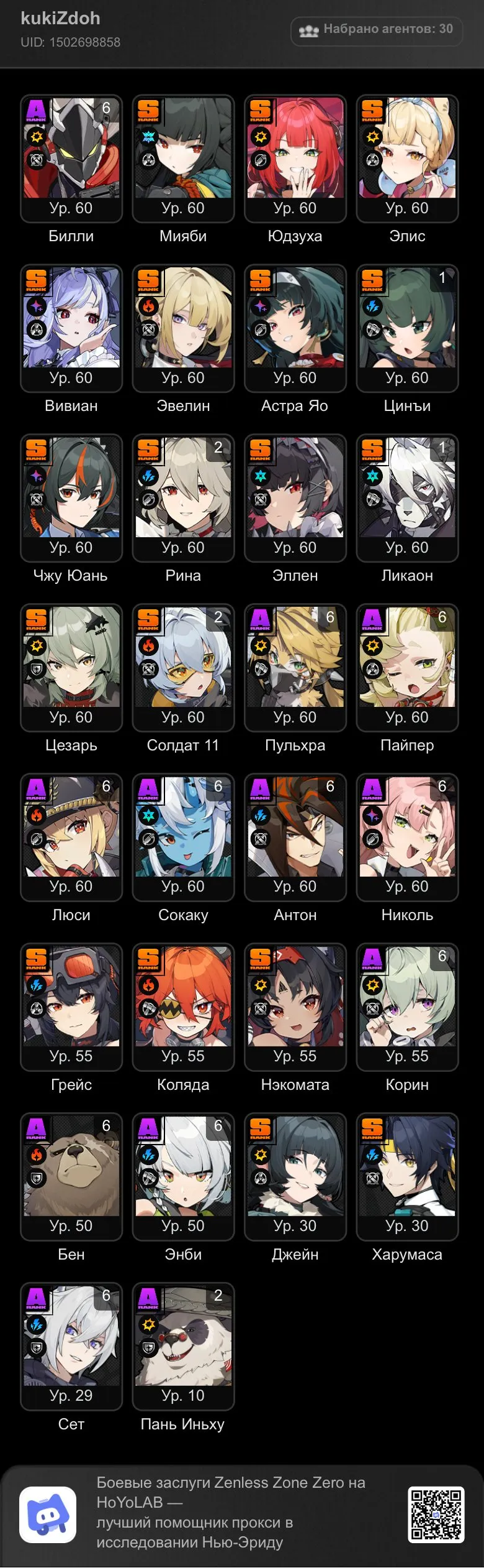 ZZZ61 // 23 S-Rank Agents, Level 60 Account, Miyabi, Yuzuha, Astra, Alice, Qin Yi, Zhu, Jane, Vivian, 700+ Monochromes