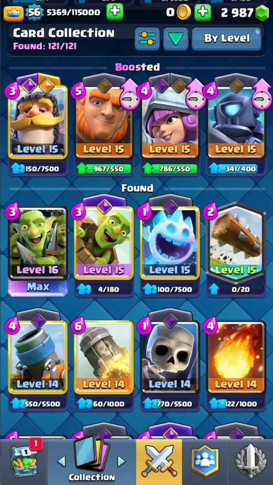CR557 10k trophies lvl 56 max cards 121 cards 19 legendary 7 evolutions 40 emotes valkyrie deck arena 24 2900 gems strong magic items