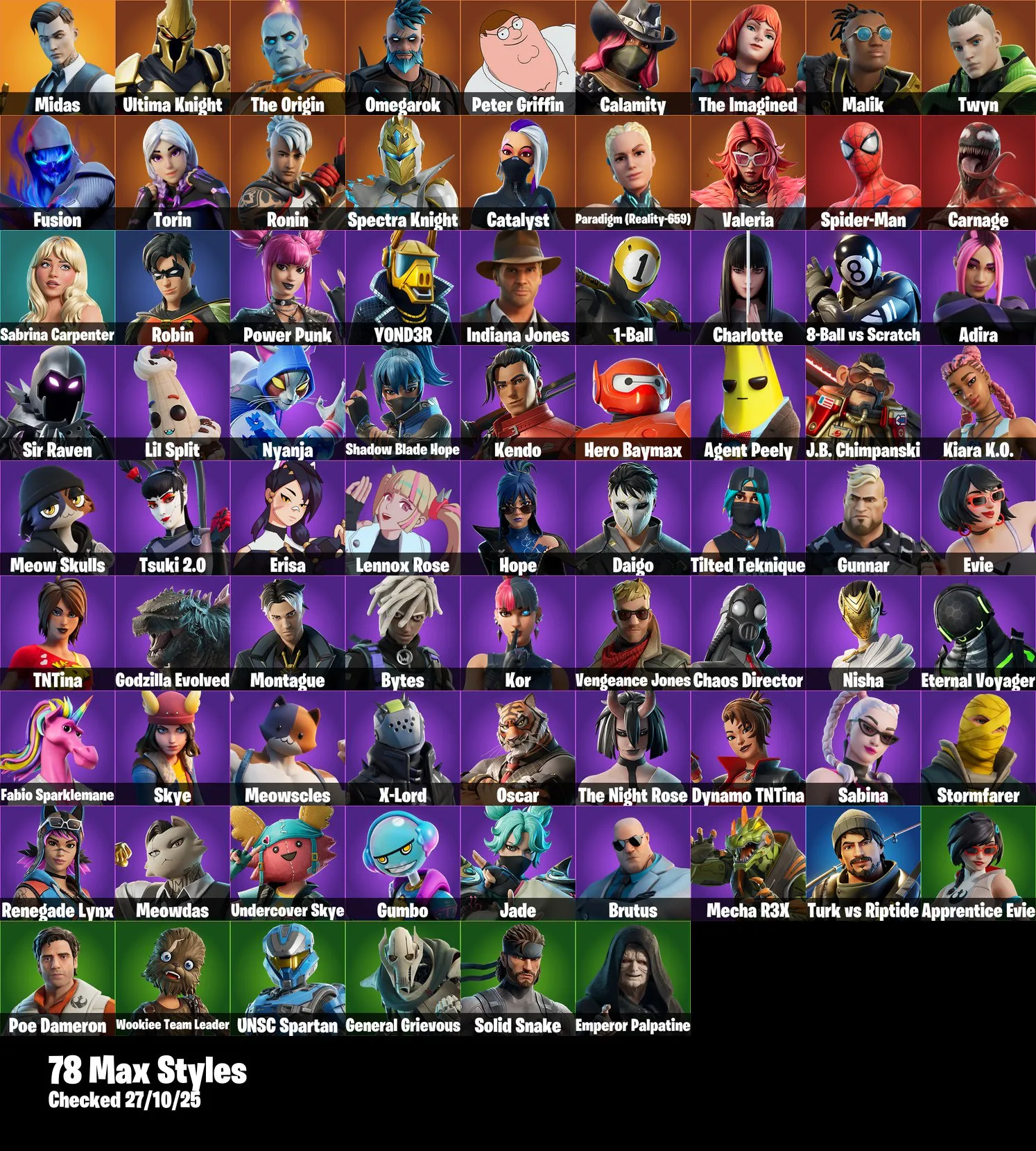 F1050 164 Skins Account Featuring Midas, Fishstick, Snap, Sabira Carpenter, Darth Vader, and More 