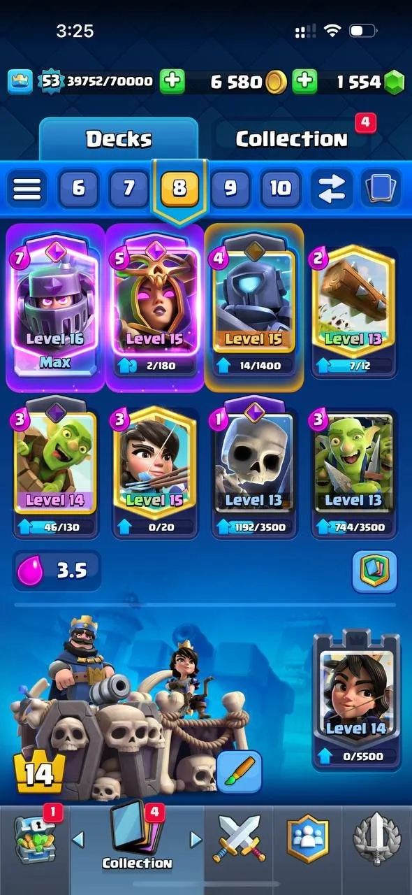 CR723 9.2k Trophies Level 53 Mega Knight Deck One Level 16 Mega Knight Three Level 15 Electro Wizard Mini P.E.K.K.A Princess Log