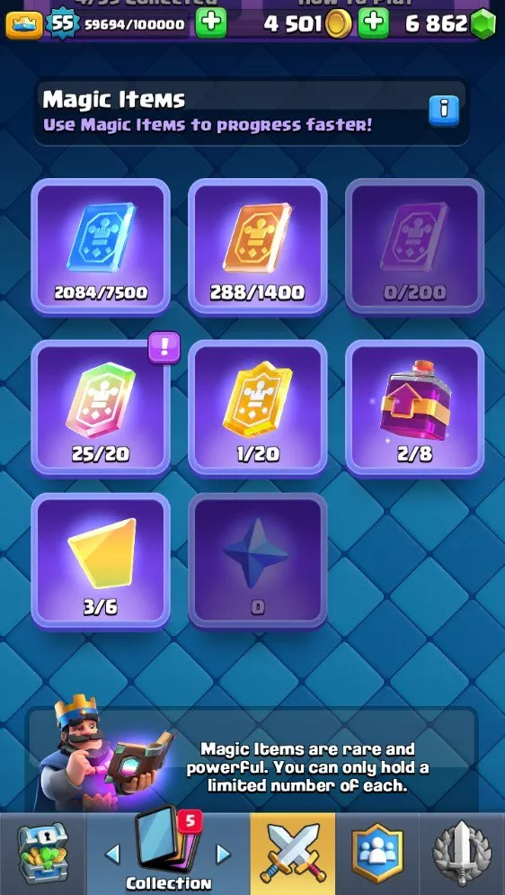 CR629     7.8k Trophies Arena 20 King Level 55 Hunter Deck 2 LVL16 4 LVL14 4 Evolutions 6800 Gems 19 Legendaries 119 Cards Free Name Change 29 Emotes Banner Decorations Custom Towers