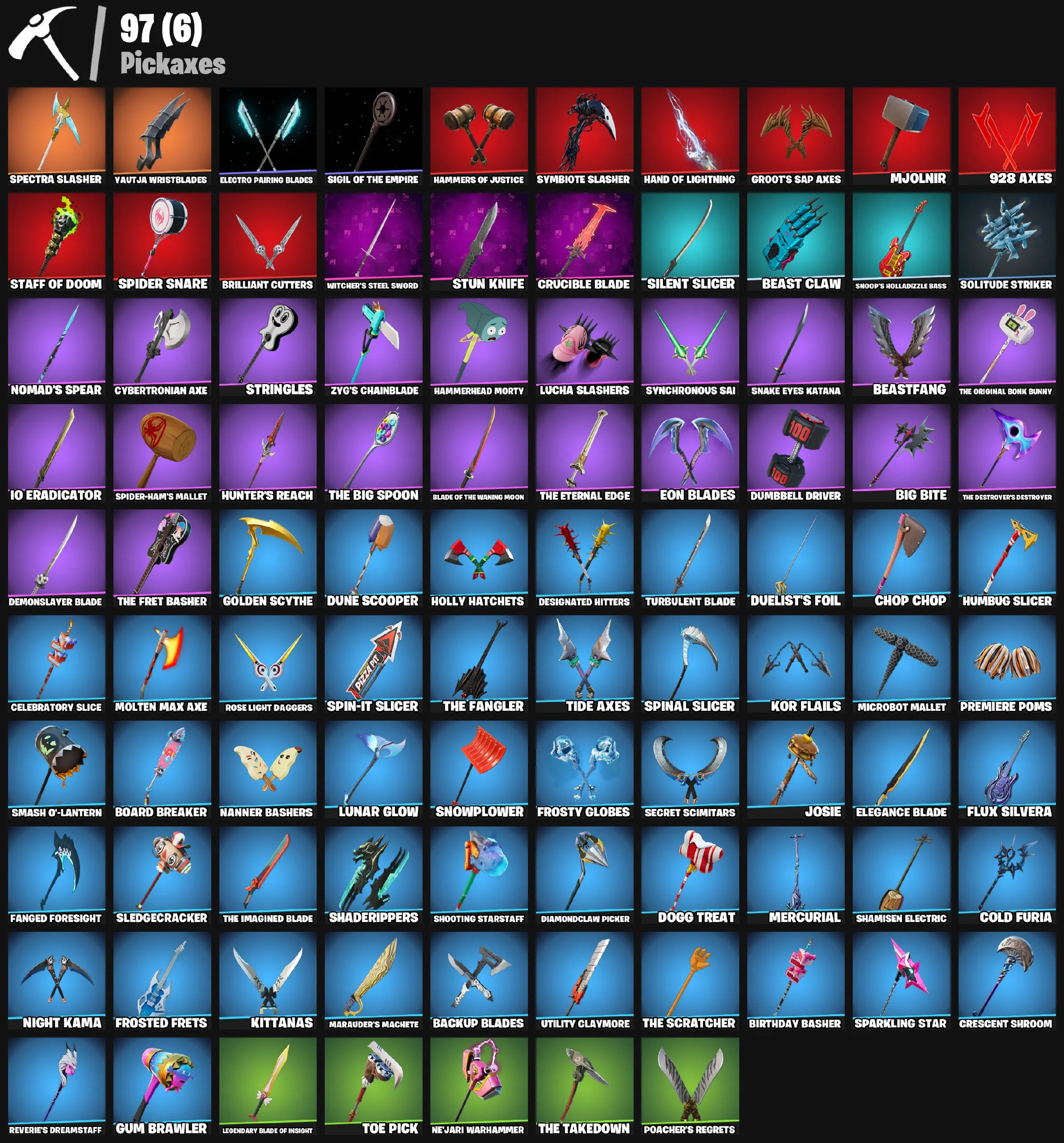 F1186 85 Skins: Snake Eyes, Peter Griffin, Son Gohan, The Ageless, Optimus Prime, Predator, Spectra Knight, exclusive backblings, 126 backpacks, 84 gliders, 97 pickaxes, 76 emotes 