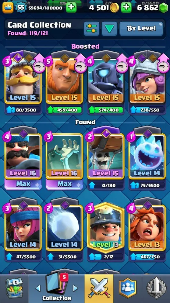 CR629     7.8k Trophies Arena 20 King Level 55 Hunter Deck 2 LVL16 4 LVL14 4 Evolutions 6800 Gems 19 Legendaries 119 Cards Free Name Change 29 Emotes Banner Decorations Custom Towers