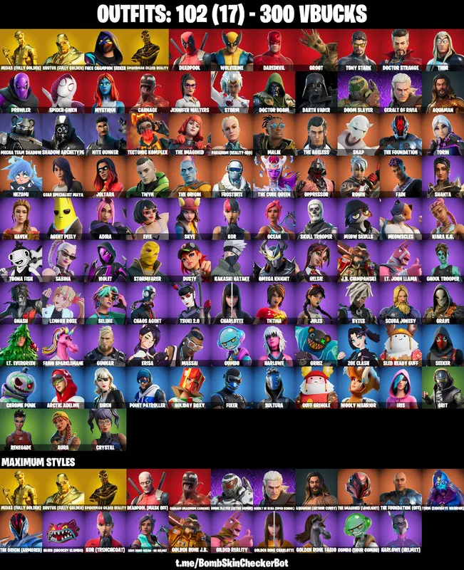 102 Skins |PC/PSN/XBOX| Reaper Axe + Skull Trooper | Ghoul Trooper | FNCS Champion Seeker | Daredevil | Kakashi Hatake |Spider Gwen| FULL EMAIL ACCESS