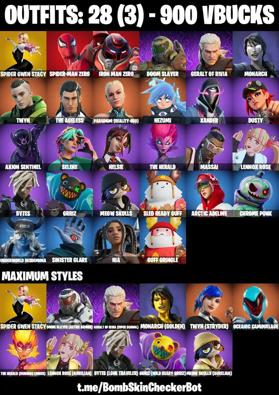 28 Skins |PC/PSN/XBOX| Spidergwen (Stacy) | Meow Skulls | Doom Slayer | Geralt Of Rivia | Arctic Adeline | Sled Ready Guff | FULL EMAIL ACCESS