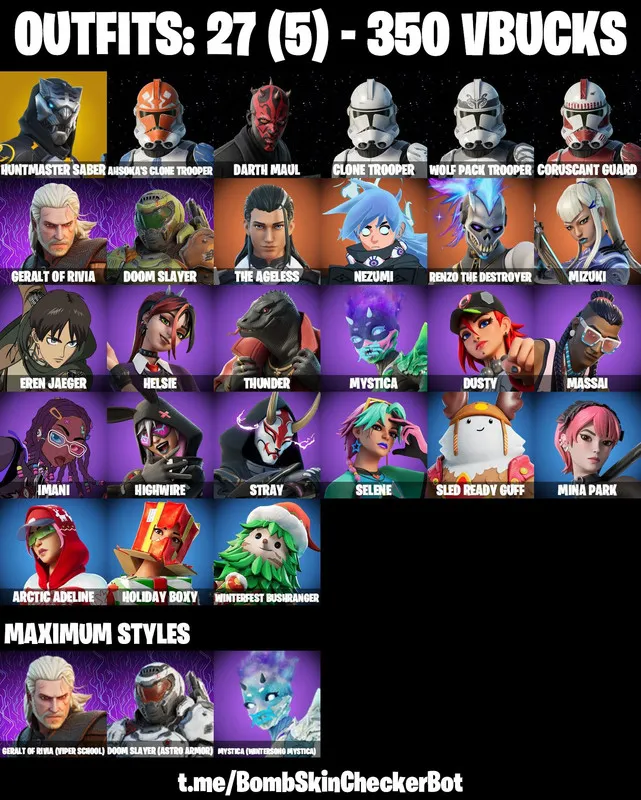 27 Skins |PC/PSN/XBOX| Huntmaster Saber | Eren Jaeger | Darth Maul | Doom Slayer | Geralt Of Rivia | Arctic Adeline | FULL EMAIL ACCESS