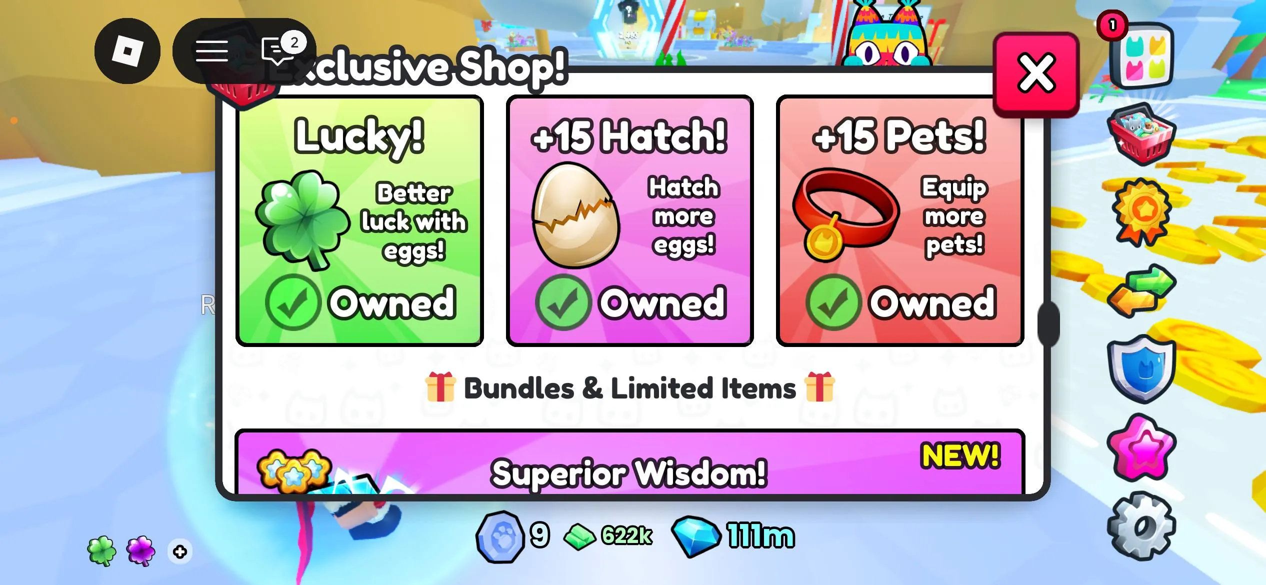 RBL3067 Huge ??? Pets Stack, VIP, Ultra Lucky, +40 Egg Hatch, 111m Diamonds, 622k Tickets, Potions (G)