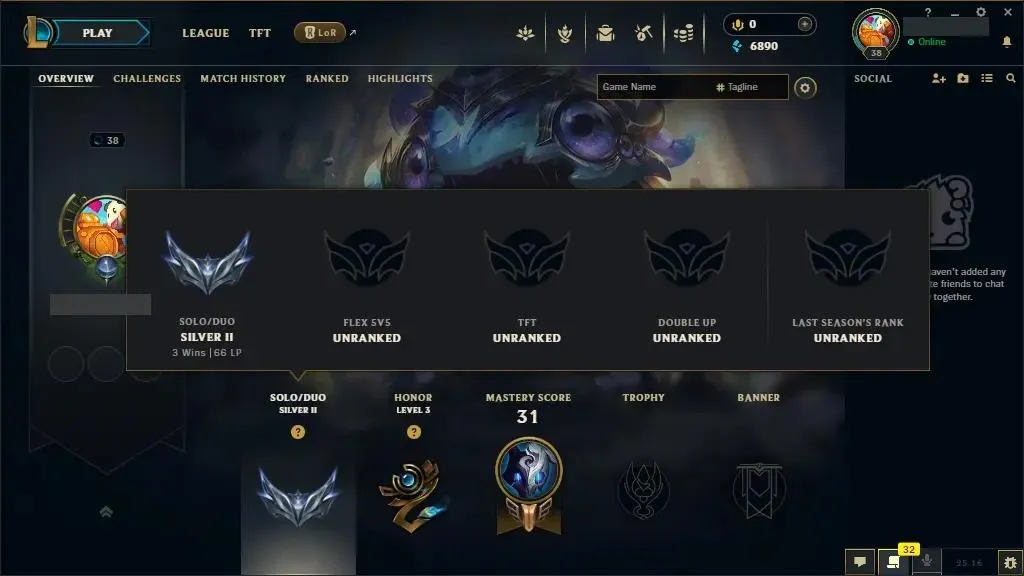 [NA] ⭐ Silver 2 [66 LP] ♟️ Champs: 35 ⭐ LV: 38 💰 BE: 6890 ♾️ Lifetime Ownership 📧 Full Email Access 👑 High Quality Riot Account #0505