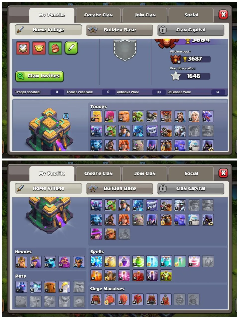 TH14 NEAR MAX | 3687 ATB | GUD DEFENCES | EPIC EQUIPMENTS | MAGIC ITEMS |NIGHT BASE MAX |HEORES 73-80-53-55-30 | INSTANT DELIVERY