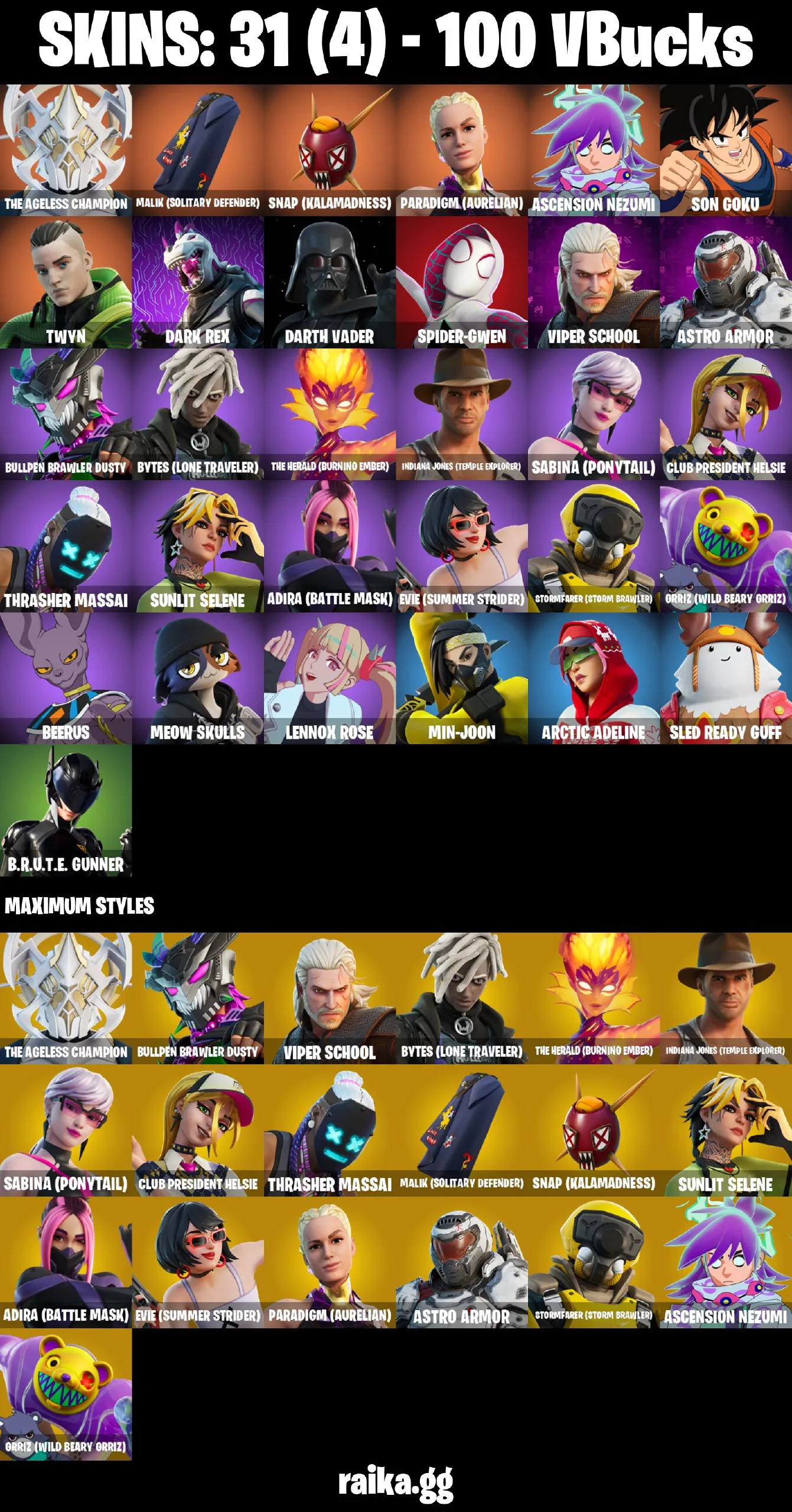 [PC/PSN/XBOX] 31 skins | The Ageless Champion | Malik (Solitary Defender) | Snap (Kalamadness) | Paradigm (Aurelian) | Ascension Nezumi | Son Goku | Twyn | 100 VB