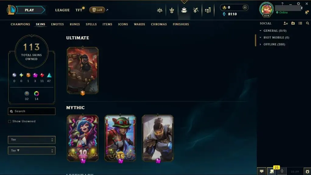 【LAN】✅ lv 274 ⭐ 125 Champs ⭐ 113 Skins ⭐ 14 Chromas ⭐ LAN league of legends account for sale