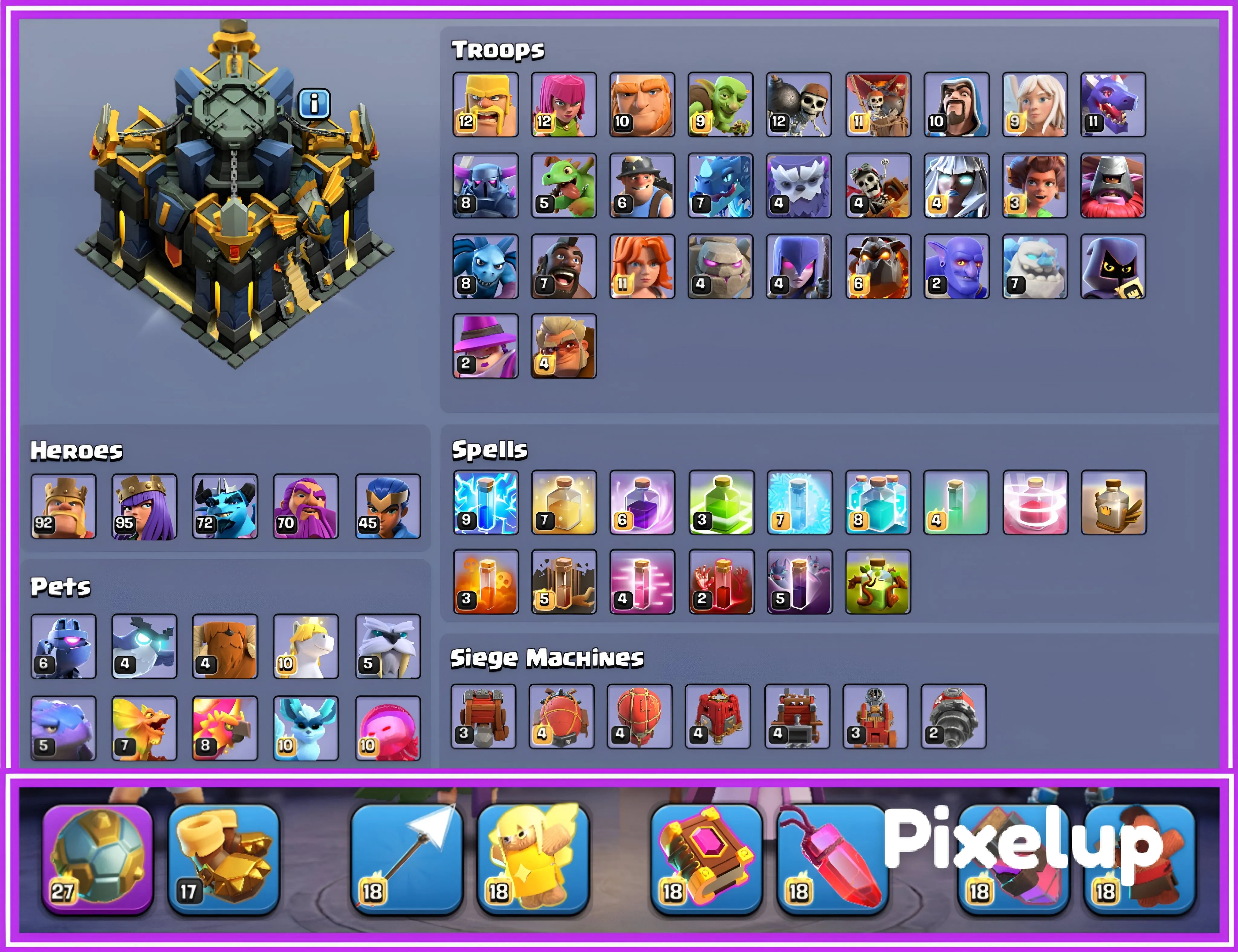 [ RARE EGYPT AND MAGIC SCENERY ] TH 17 1000% MAXX 🤯  MAX WALLS | HIGH LVL EQUIPMENT 💯 STRONG DEFENCE ⚡HIGH HEROES | PURE TH 16 🦋 NEW THORWER AND REVIVE SPELL UNLOCKED 👿 STACKED BASE | PB LEGEND 🌟 INSTANT DELIVERY ✈️ ss