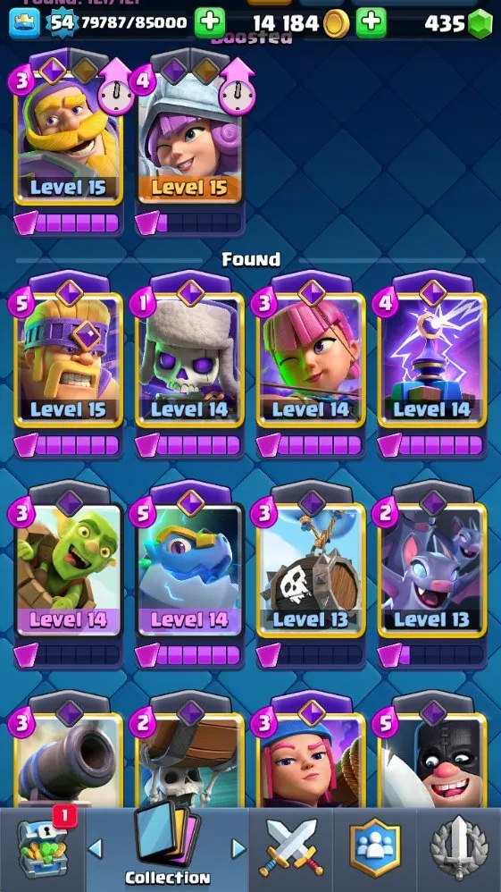CR575 10k trophies lvl 54 maxed collection 121/121 cards 6 lvl 15 11 lvl 14 19 legendary 10 evolutions 66 emotes tower skins banner decorations